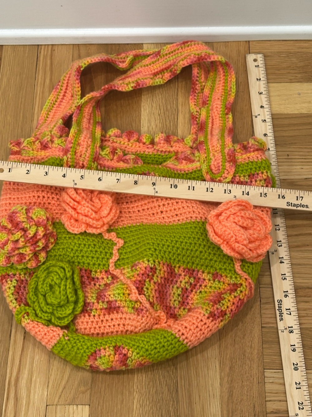 Handmade Crochet Floral Tote Bag in Peach & Lime Boho Coastal Grandma - Picture 5 of 7